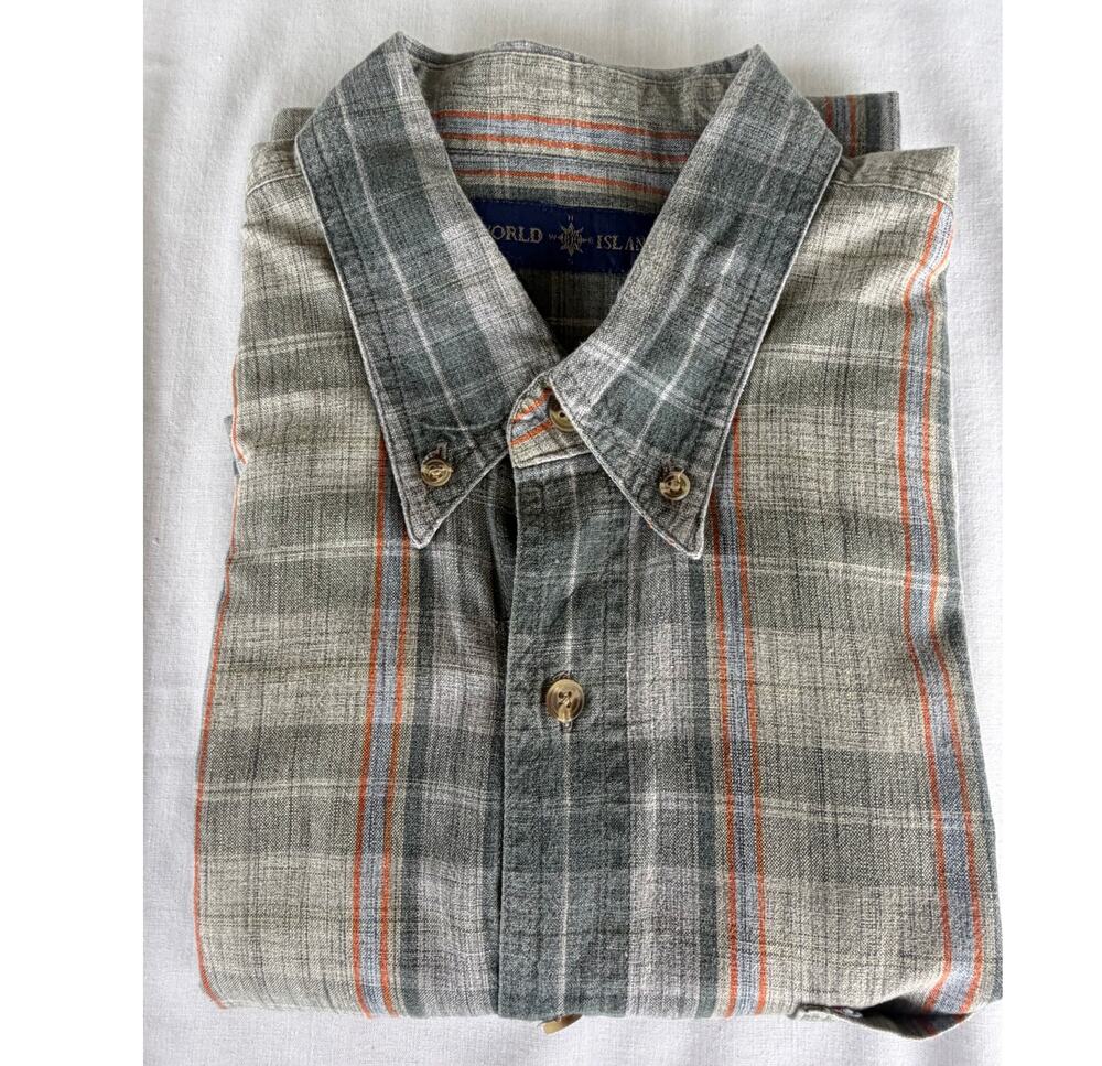 Preppy Outdoor Normcore 100%Cotton World Island Gray/Orange Plaid Shirt Men's L